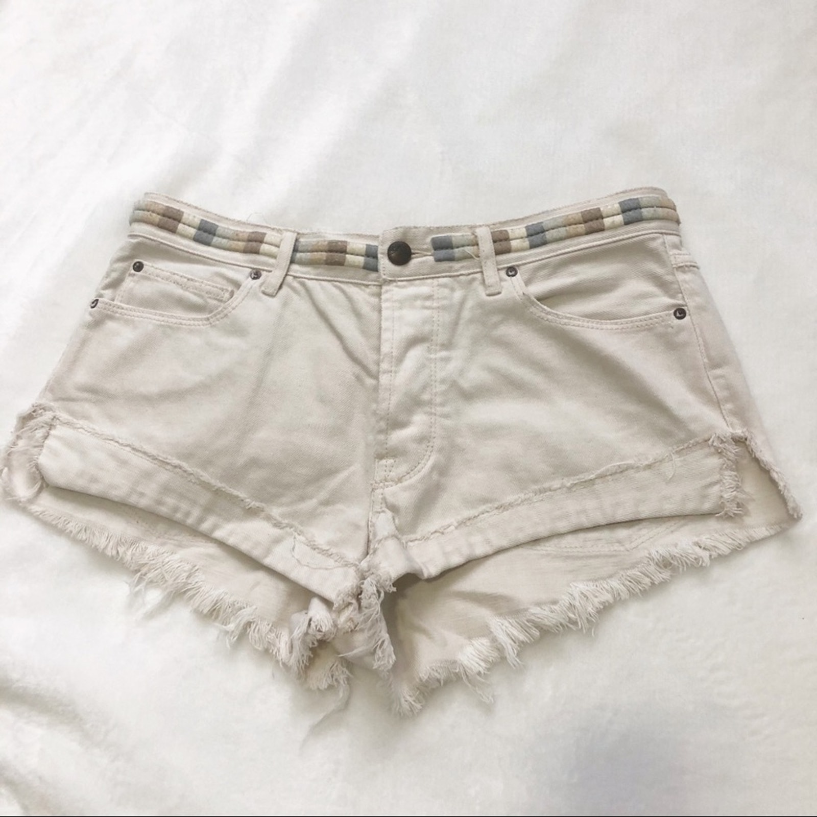 Free People Jean Shorts Frayed Braided Beige Denim 27